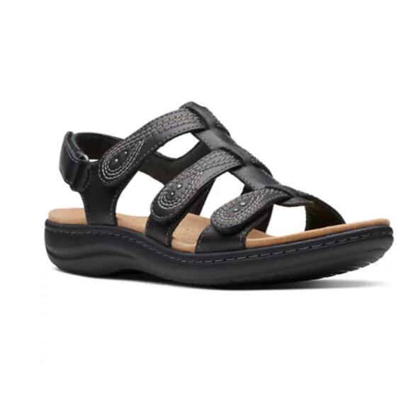 Clarks Women's Laurieann Vine Strappy Sport Sandals Black Leather Size 8.5W - Picture 1 of 6
